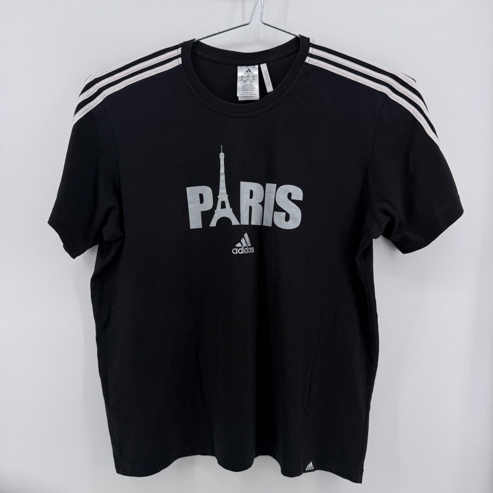 Adidas Paris Eiffel Tower T-Shirt Mens XL 3-Stripe Climalite Cotton Black Solid